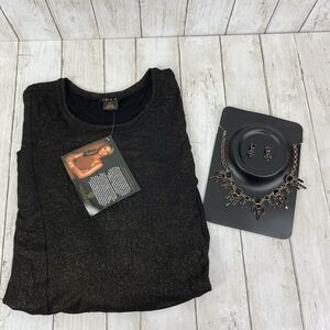 IMAN Global Chic Sparkle Top W/ Jewelry Sz XL Black Gold Necklace Earrin…